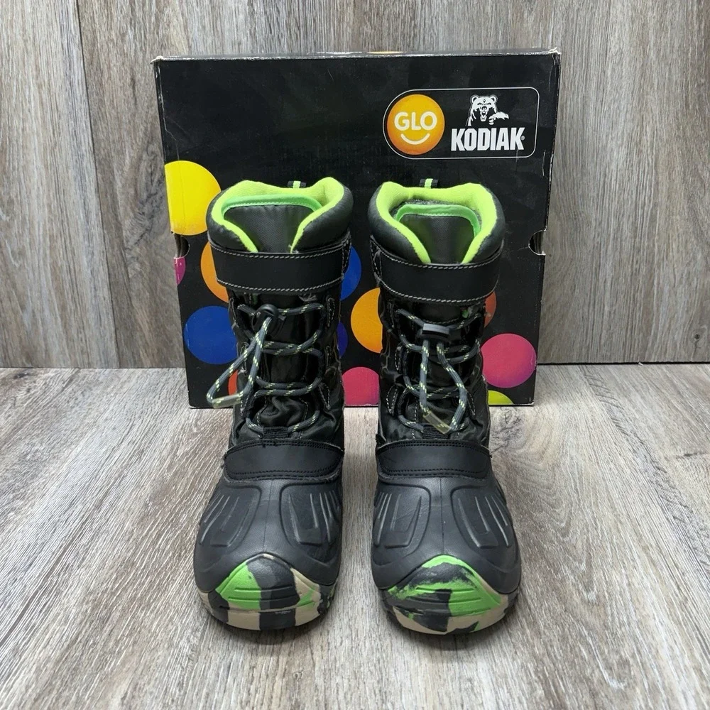 KODIAK GLO Snow Boots Boys 5 Black/Sonic Green Waterproof Slip Resistant w/Box